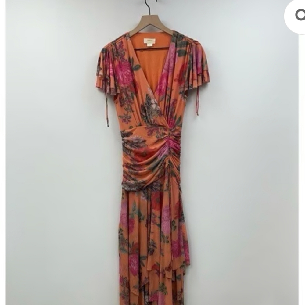 Anthropologie Maeve Simone Chiffon Floral Ruched Midi Dress Orange Large